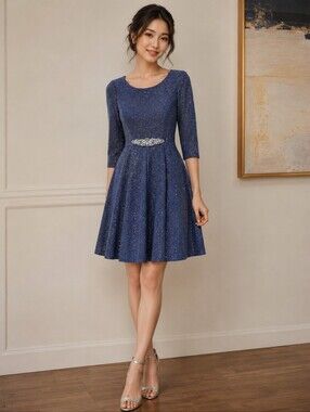 Elegant Black Sparkle Fit-and-Flare Dress with Embellished Waist